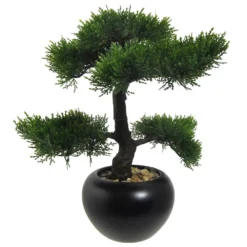 Kunstpflanze Bonsai Zeder Grün, Im Schwarzen Keramiktopf, Mit Kies, Ca. 37 Cm