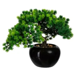 Künstliche Bonsai-Lärche, 3 Zweige, Grün, Ca. 26 Cm, Schwarzer Keramiktopf 15 X 9 Cm