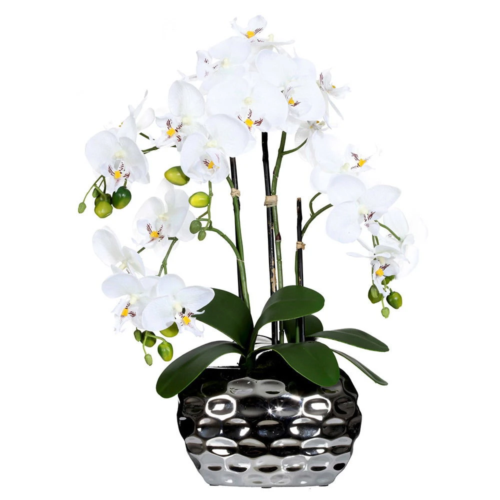Kunstpflanze Orchidee Weiß In Silberfarbener Ovalvase, Ca. 55 Cm 1 Kunstpflanze Orchidee Weiß In Silberfarbener Ovalvase, Ca. 55 Cm