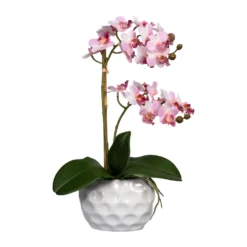 Künstliche Mini-Orchidee, Phalaenopsis, 2 Rispen, Rosa Blüten, Ca. 40 Cm, 13,5 X 9,5 X 7 Cm Keramikvase In Weiß