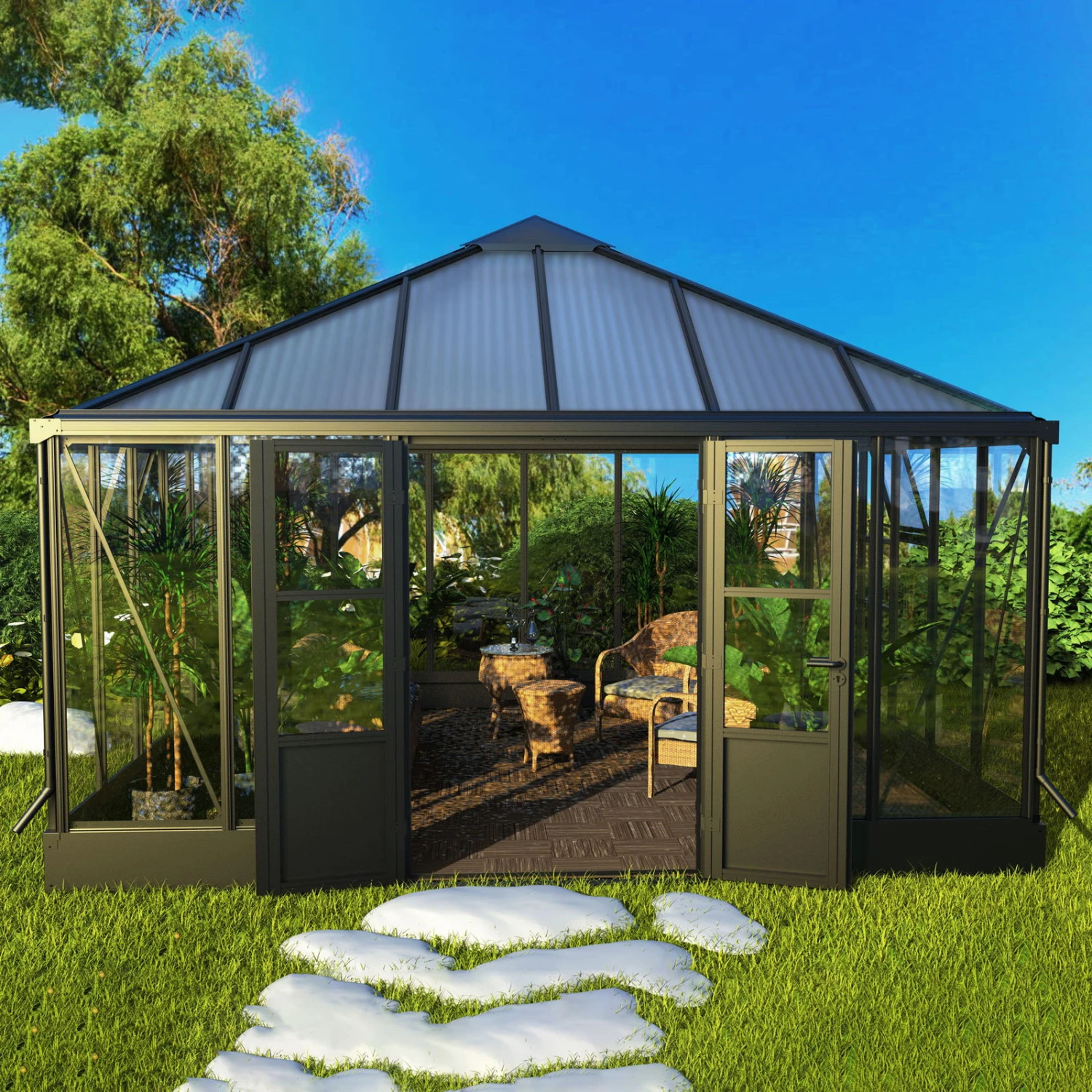 Wintergarten 'Sunroom', Anthrazit, 438 X 438 X 334 Cm, Traufenhöhe 202 Cm 1 Wintergarten 'Sunroom', Anthrazit, 438 X 438 X 334 Cm, Traufenhöhe 202 Cm