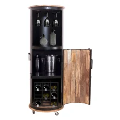 IRON Bar Auf Rollen Für 9 Flaschen, Mangoholz, Ca. 57 X 57 X H 165 Cm -Deutschland Garten Schatten Verkaufs-Shop 3980100387 IRON Bar auf Rollen mit Tuer Glashalter 9Flaschen 1 86949